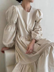 French Pleated Long Puff Sleeve Loose Long Dress