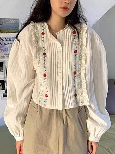 Embroidered Pleated Design Puff sleeve Shirt by painevida