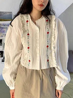 Embroidered Pleated Design Puff sleeve Shirt by painevida