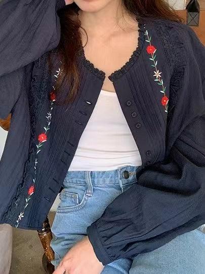 Embroidered Pleated Design Puff sleeve Shirt by painevida