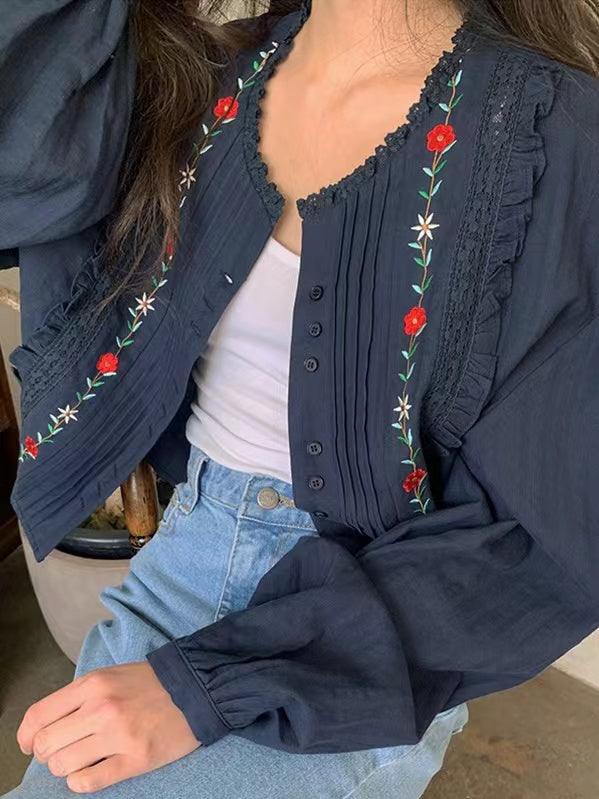 Embroidered Pleated Design Puff sleeve Shirt by painevida
