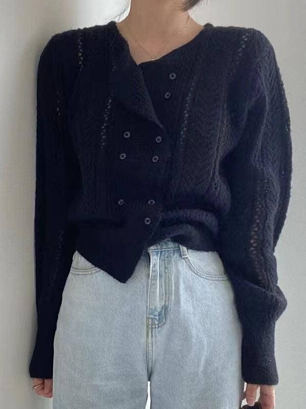 Round-neck Double-breasted Hollow Sweater Top - PAINEVIDA