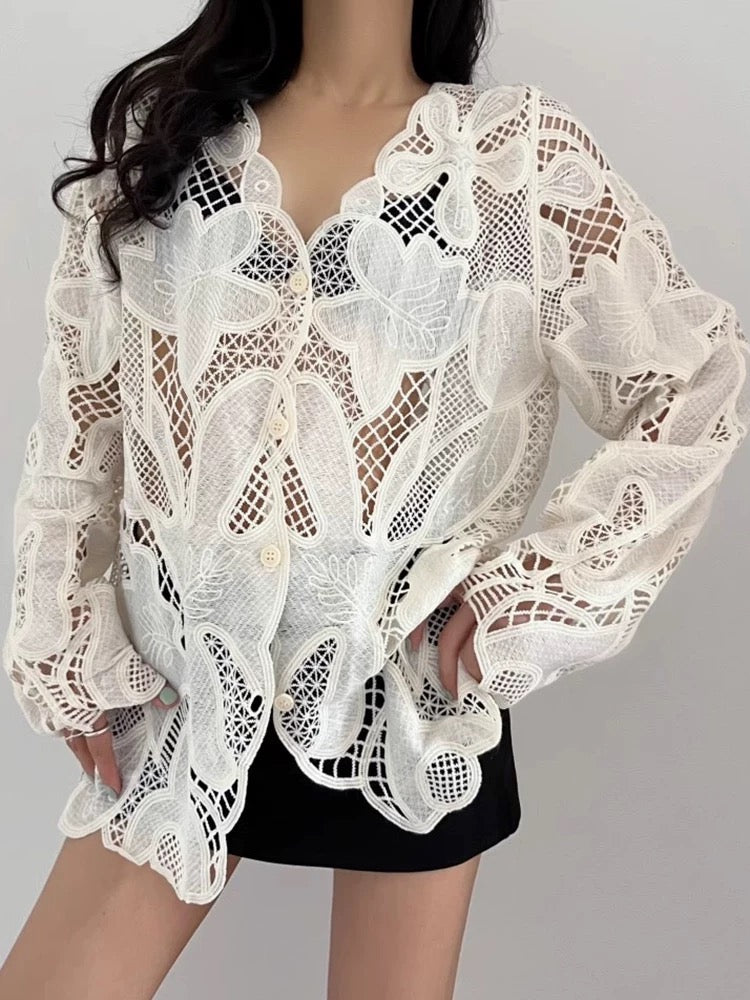 Hollow Crochet Lace Shirt by painevida