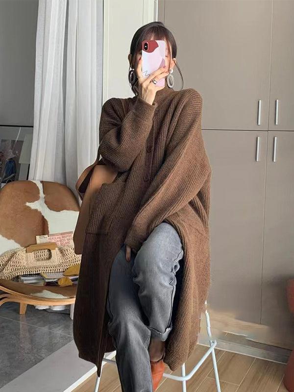 Solid Color Coat Mid Length Turtleneck Cardigan Sweater