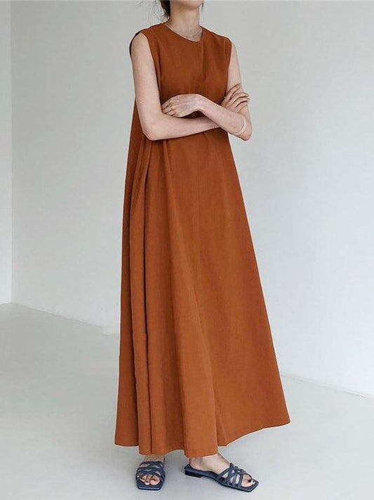 Chic Simple Solid Color Sleeveless Ramie Cotton Loose Dress