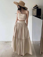 Elegant Ruffled Camisole+high Waist A-line Skirt 2 set