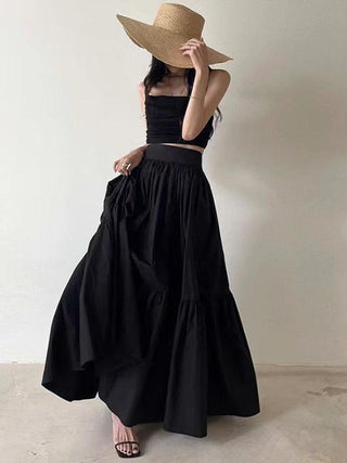 Elegant Ruffled Camisole+high Waist A-line Skirt 2 set