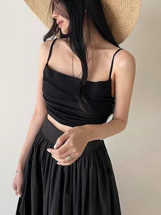 Elegant Ruffled Camisole+high Waist A-line Skirt 2 set