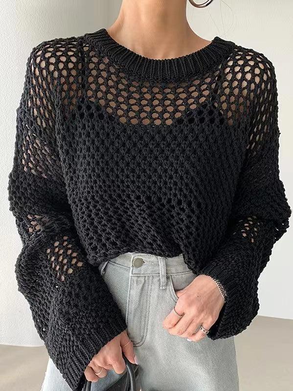 Hollow Long Sleeve Sunscreen Knit Sweater - PAINEVIDA