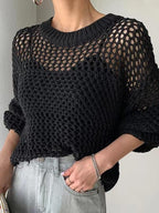 Hollow Long Sleeve Sunscreen Knit Sweater - PAINEVIDA