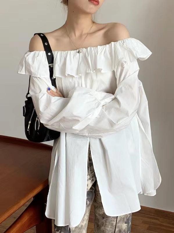 Off-Shoulder Ruffled Slit Long Sleeve Shirt by painevida