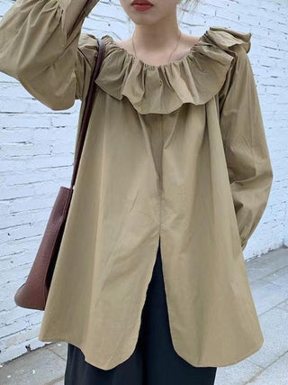 Off-Shoulder Ruffled Slit Long Sleeve Shirt