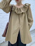 Off-Shoulder Ruffled Slit Long Sleeve Shirt - PAINEVIDA