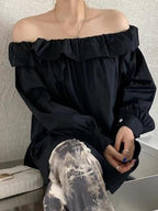 Off-Shoulder Ruffled Slit Long Sleeve Shirt by painevida