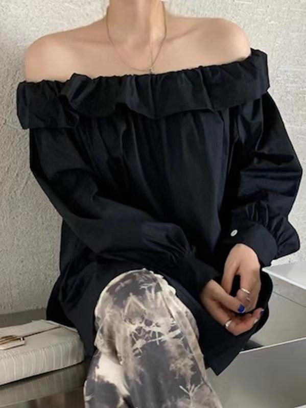 Off-Shoulder Ruffled Slit Long Sleeve Shirt - PAINEVIDA