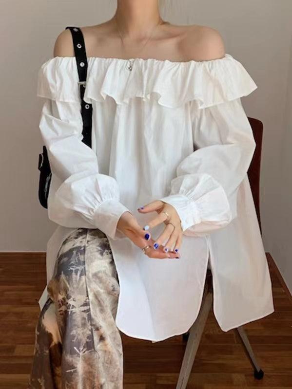 Off-Shoulder Ruffled Slit Long Sleeve Shirt - PAINEVIDA