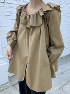 Off-Shoulder Ruffled Slit Long Sleeve Shirt by painevida