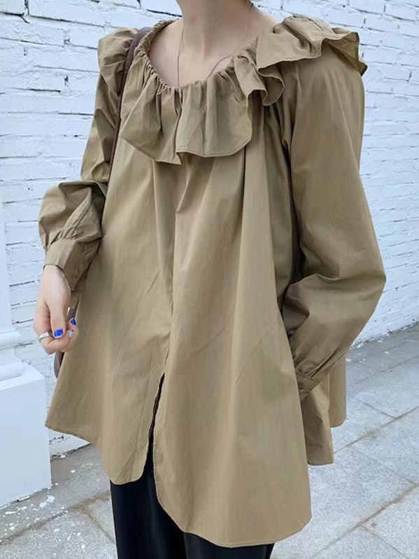 Off-Shoulder Ruffled Slit Long Sleeve Shirt - PAINEVIDA