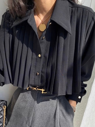 Lapel Single Breasted Pleated Long Sleeve Shirt by painevida
