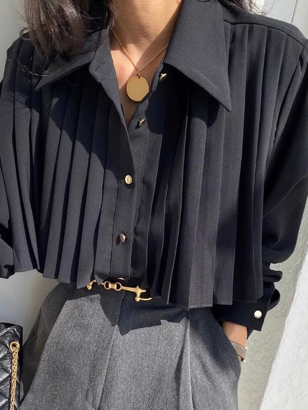 Lapel Single Breasted Pleated Long Sleeve Shirt by painevida