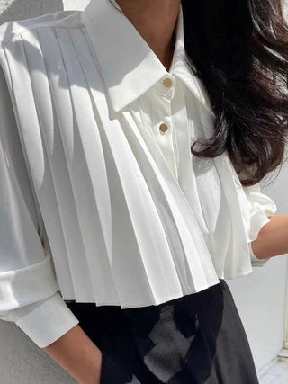Lapel Single Breasted Pleated Long Sleeve Shirt by painevida