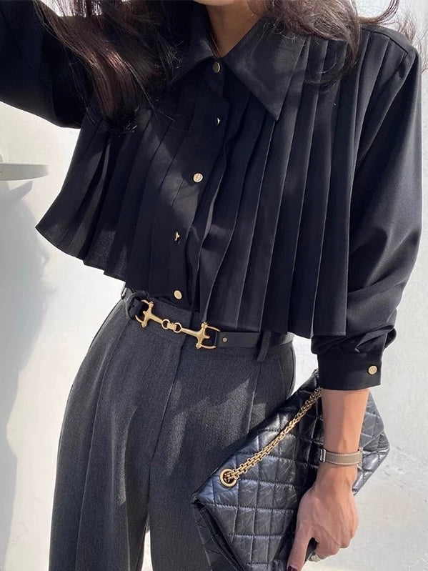 Lapel Single Breasted Pleated Long Sleeve Shirt