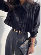 Lapel Single Breasted Pleated Long Sleeve Shirt