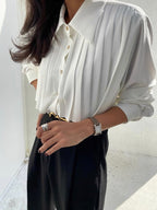 Lapel Single Breasted Pleated Long Sleeve Shirt