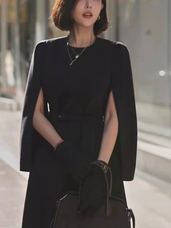 Cape Woolen Dress With Belt