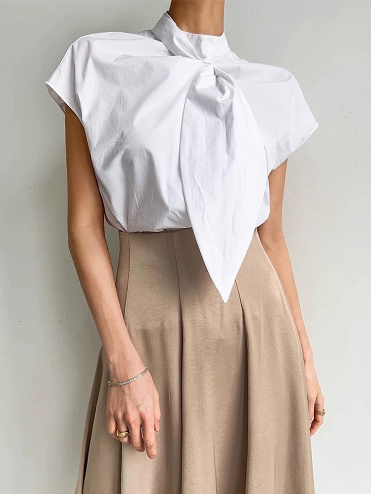 Stand Collar Button-Down Short-Sleeved Shirt by painevida