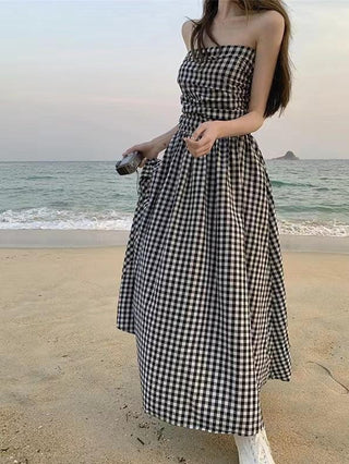 Strapless Pleated Plaid Long Dress