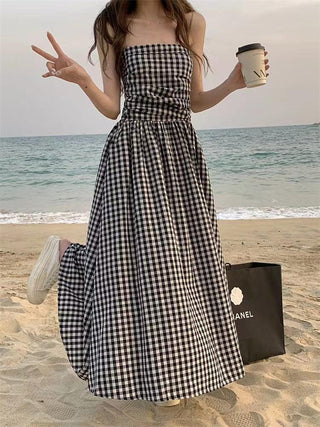 Strapless Pleated Plaid Long Dress