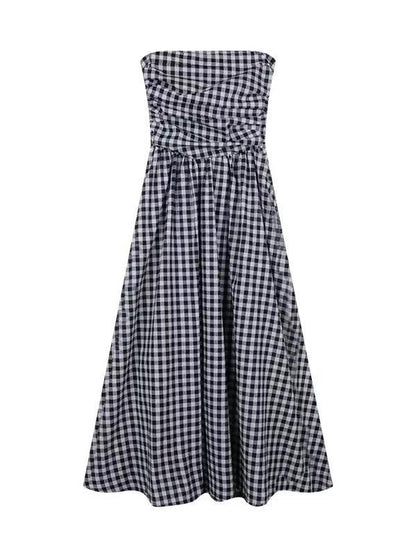 Strapless Pleated Plaid Long Dress