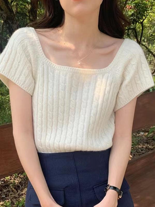 Square-Neck Braided Cropped Short Sleeves Knitting Shirt - PAINEVIDA