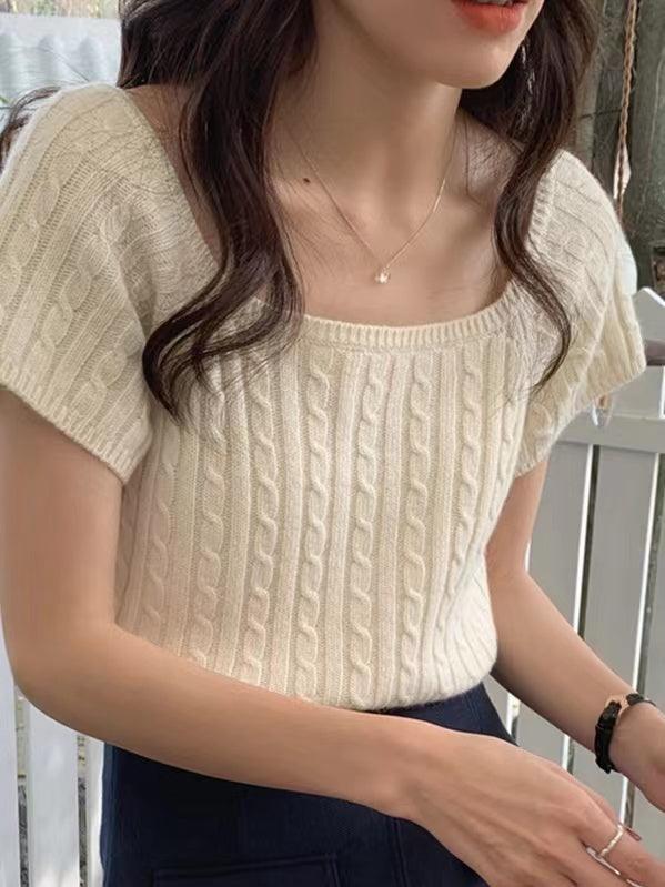 Square-Neck Braided Cropped Short Sleeves Knitting Shirt - PAINEVIDA