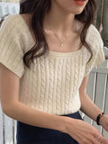 Square-Neck Braided Cropped Short Sleeves Knitting Shirt - PAINEVIDA