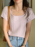 Square-Neck Braided Cropped Short Sleeves Knitting Shirt - PAINEVIDA