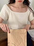 Square-Neck Braided Cropped Short Sleeves Knitting Shirt by painevida