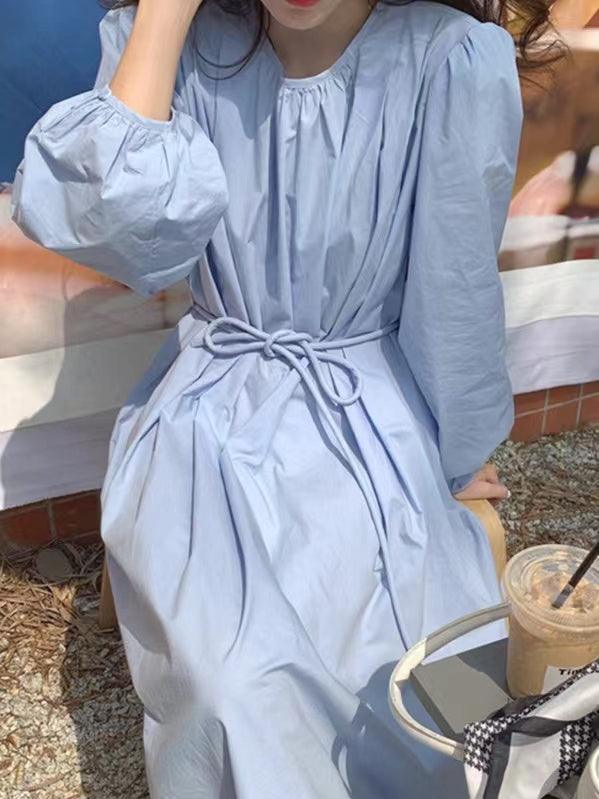 Round Neck Neck Waist Puff Sleeve Dress - PAINEVIDA