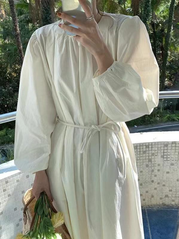 Round Neck Neck Waist Puff Sleeve Dress - PAINEVIDA