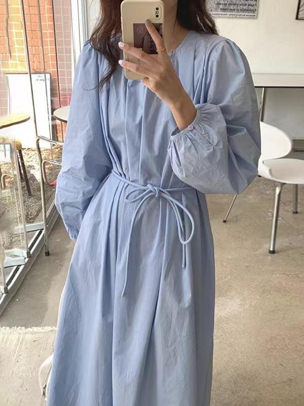 Round Neck Neck Waist Puff Sleeve Dress - PAINEVIDA