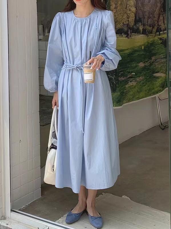 Round Neck Neck Waist Puff Sleeve Dress - PAINEVIDA