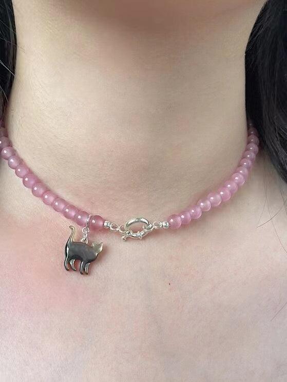 Original Cat Silver Pink Opal Necklace - PAINEVIDA