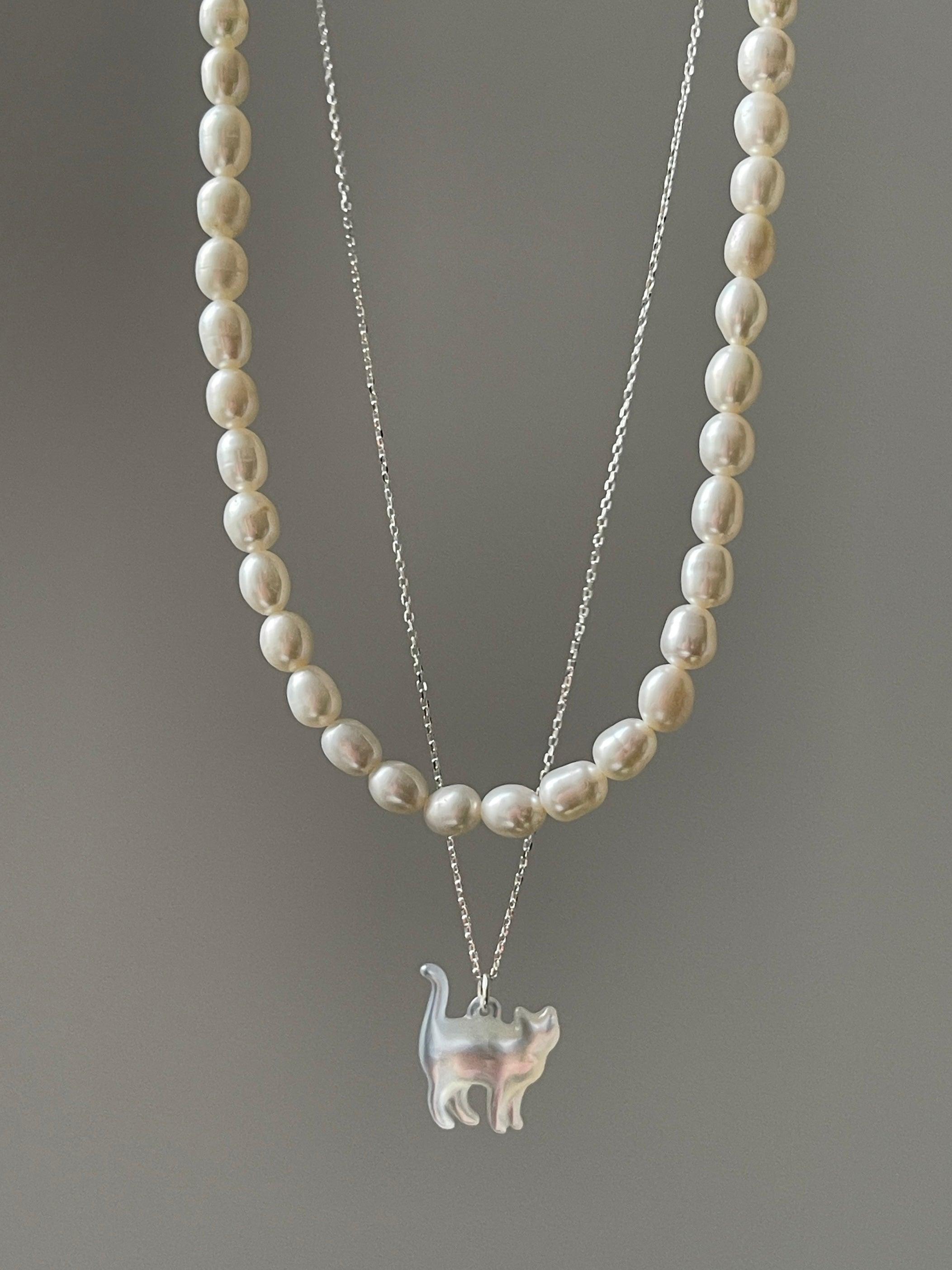 Original Cat&Pearl Stack Silver Necklace - PAINEVIDA