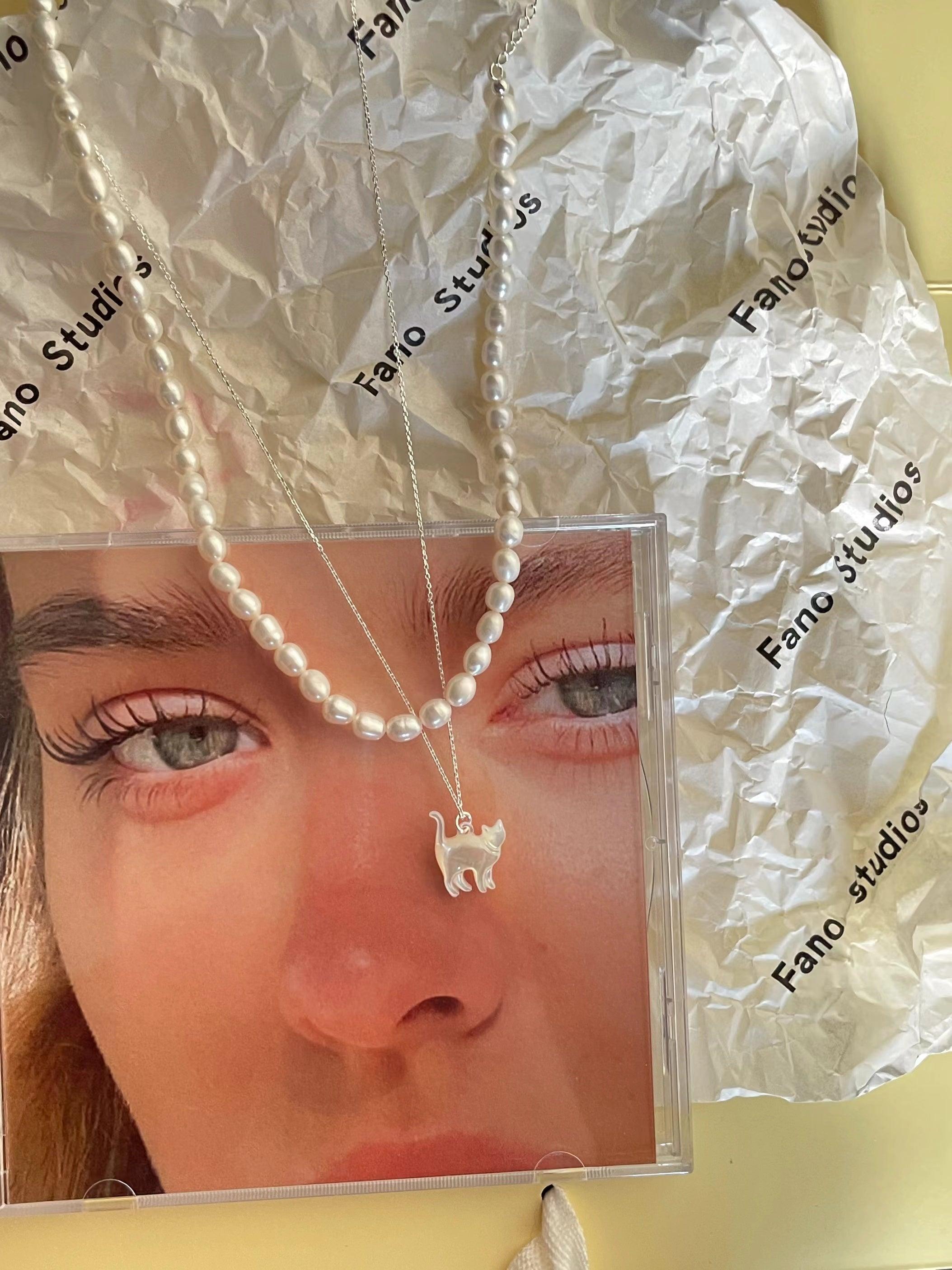 Original Cat&Pearl Stack Silver Necklace - PAINEVIDA