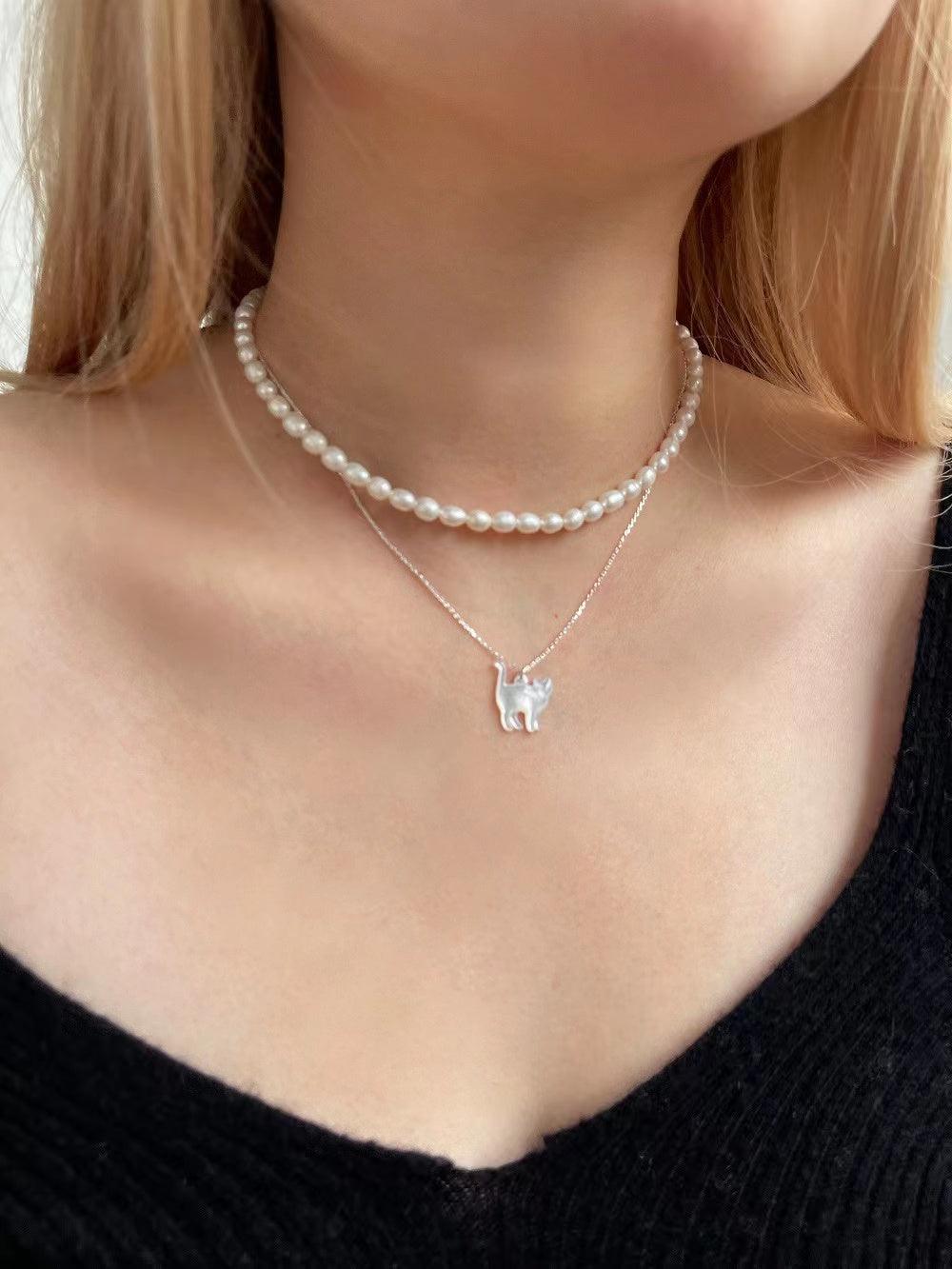 Original Cat&Pearl Stack Silver Necklace - PAINEVIDA