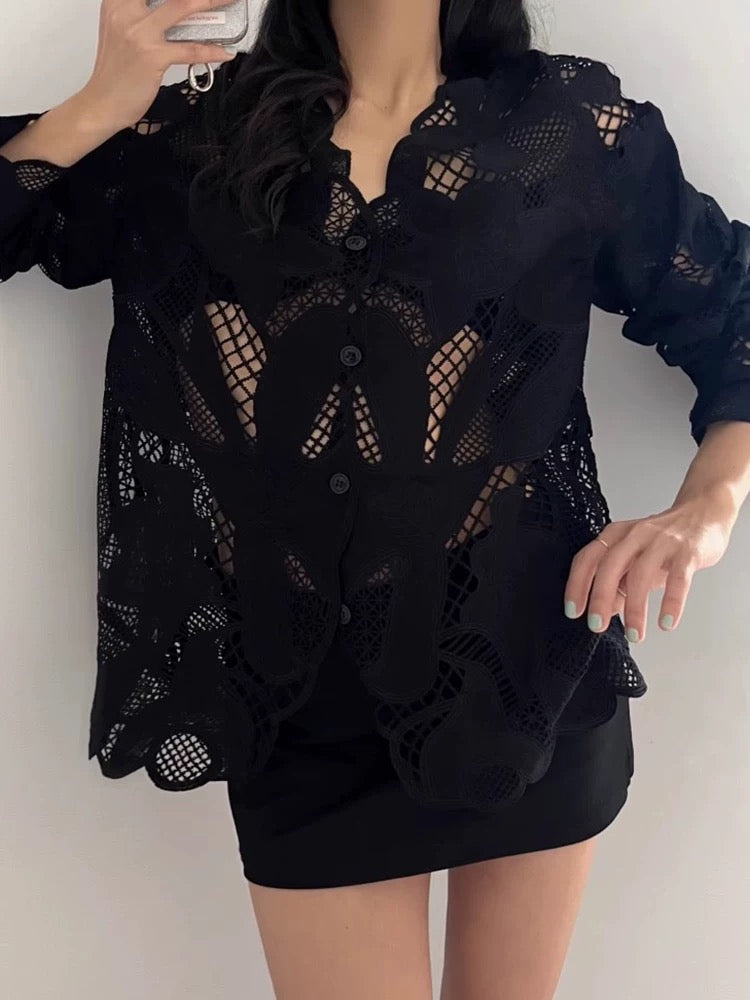 Hollow Crochet Lace Shirt by painevida