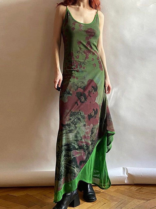 Vintage Green Irregular Slip Long Dress