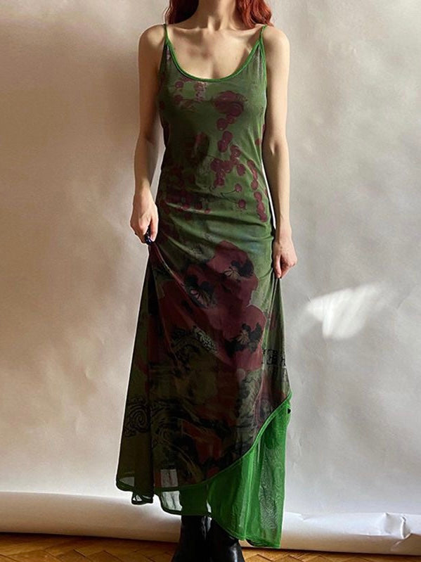 Vintage Green Irregular Slip Long Dress - PAINEVIDA