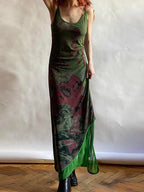 Vintage Green Irregular Slip Long Dress - PAINEVIDA